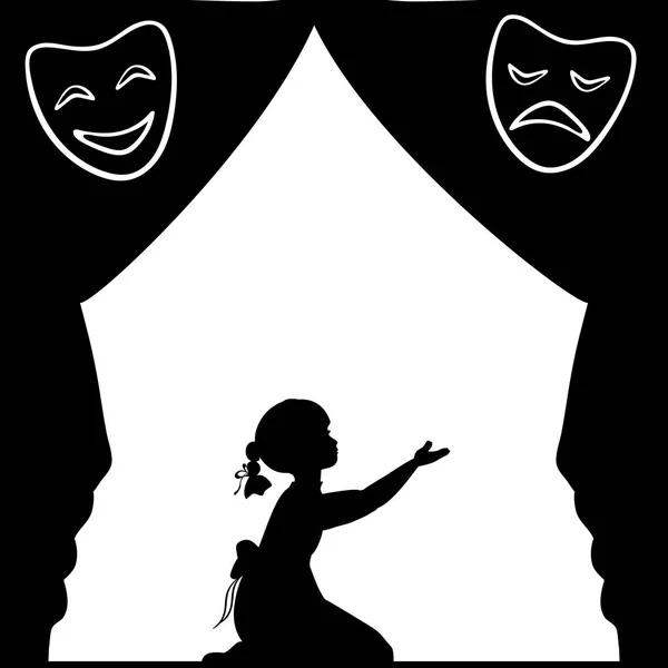 Κορίτσι Silhouette παίζει το στάδιο. Παγκόσμια ημέρα θεάτρου. — Διανυσματικό Αρχείο