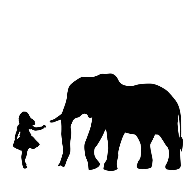 Σιλουέτα κορίτσι θέλει να αγγίξει ελέφαντα. Άγριας ζωής παγκόσμιας ημέρας. — Διανυσματικό Αρχείο