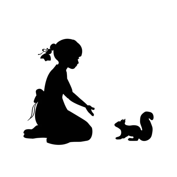 Silhouette girl sitting knees beckon squirrel — Stock Vector