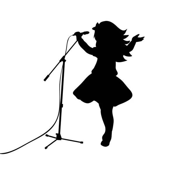 Música menina silhueta canta em microfone — Vetor de Stock
