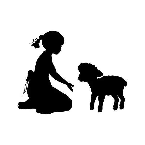 Gadis Siluet duduk berlutut menanti domba - Stok Vektor