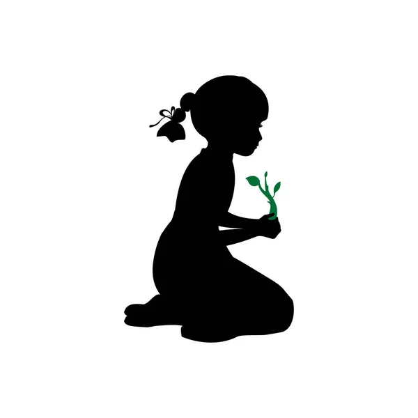 Silueta niña sentado rodillas planta brote — Vector de stock