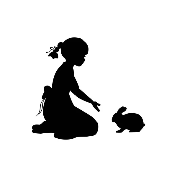 Sylwetka dziewczyna siedzi kolana kiwać królik — Wektor stockowy