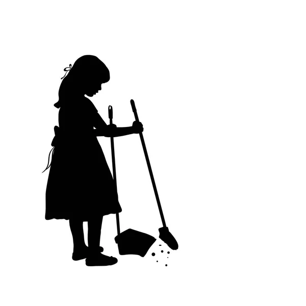 Silhouet meisje is schoonmaken veegt de vloer — Stockvector