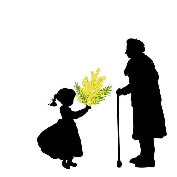 Silhouette flicka ger mormor blommor — Stock vektor