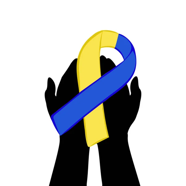 Hände mit gelb-blauer Schleife. Tag des Down-Syndroms — Stockvektor