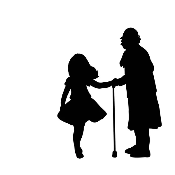 Silhueta menina cuida ajuda avó — Vetor de Stock
