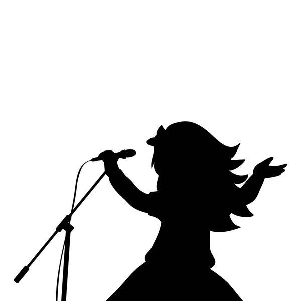 Silueta chica música canta en el micrófono — Vector de stock