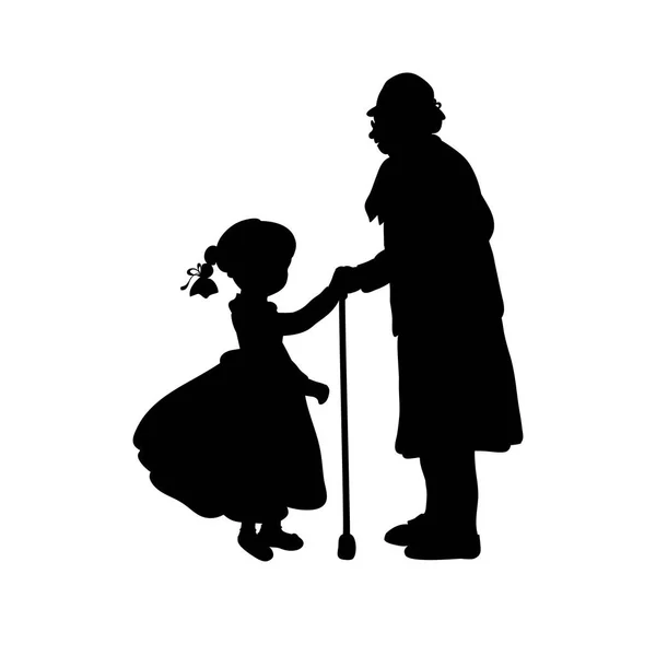 Silhouette girl cares helps grandmother — Stock Vector