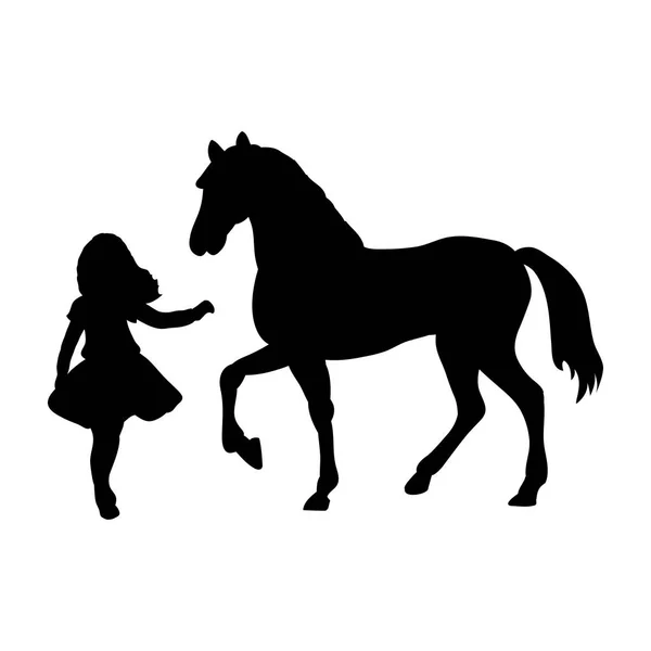 Silhouette girl wants touch horse — Stock Vector