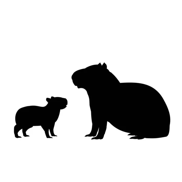 Silhouet van capibara en jonge kleine capibara — Stockvector