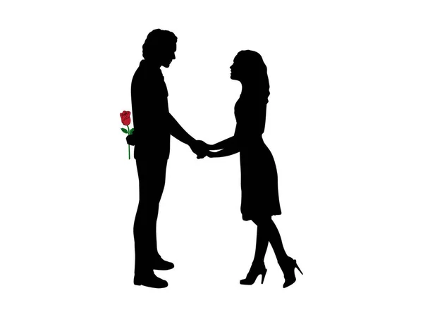 A szerelmes férfi sziluettje rózsát akar adni a nőnek. — Stock Vector