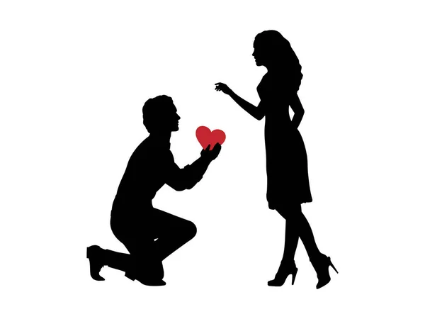 Silhouette of man in love gives his heart to woman — Stock Vector