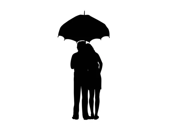 สีลูเอทของคู่รักชายและหญิงสองคน ยืนอยู่ใต้ร่ม — ภาพเวกเตอร์สต็อก