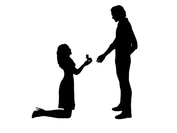 Silhouette of woman on her knees proposes marry man — Stok Vektör