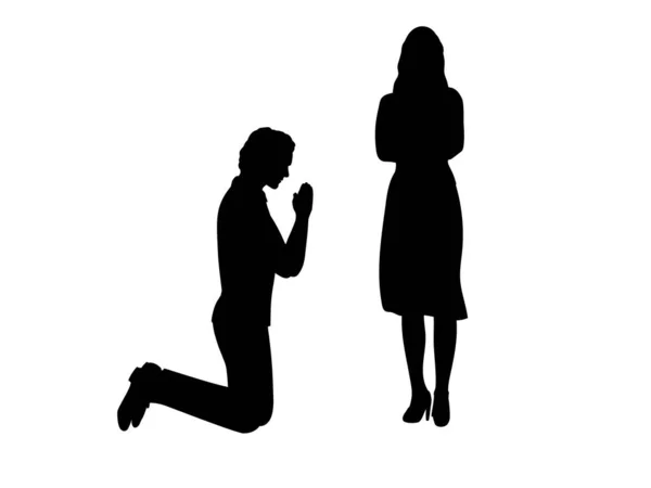 Silhouette of man beg on his knees in front of woman — 스톡 벡터