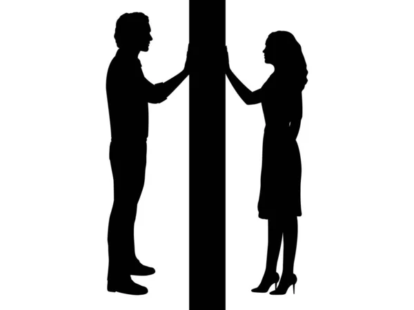 Silhouettes d'homme et de femme séparées par un mur — Image vectorielle