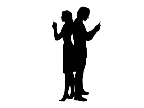 Silhouette man and woman look at the phone — Stock Vector