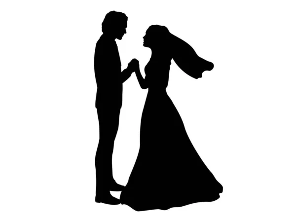 Silhueta de noiva e noivo de mãos dadas — Vetor de Stock