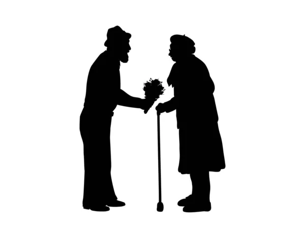 Silhouettes grandfather gives flowers to grandmother — Stock Vector