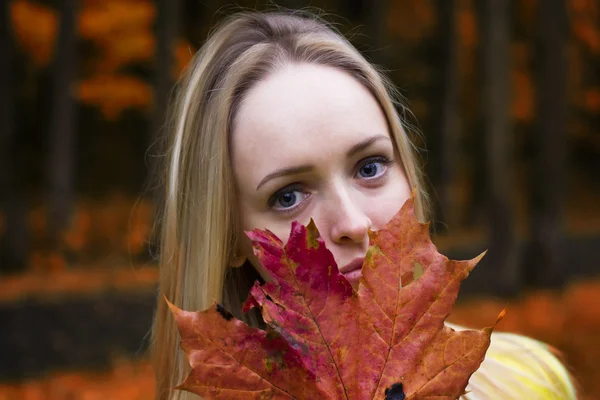 Young beautiful girl closeup with red maple Leaf in her hand in the park in autumn season — Stock Photo, Image