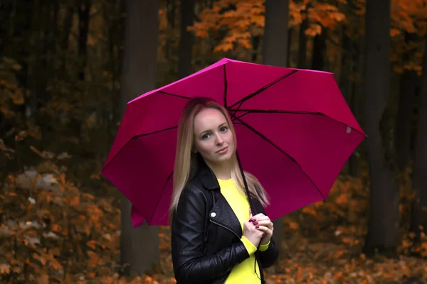 Ritratto di una giovane bella ragazza da vicino sotto l'ombrello rosa in autunno piovoso nel parco — Foto Stock