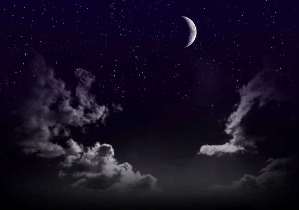 Beautiful magic blue sky with clouds and moon and stars at night closeup — Stock Photo, Image