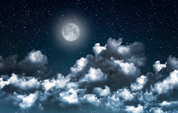 Beautiful magic blue night sky with clouds and fullmoon and stars closeup.
