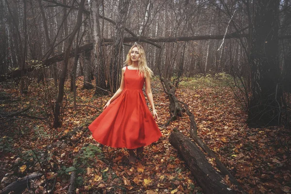 Jonge mooie vrouw in de rode jurk loopt in de mistige mystieke bos met gevallen bladeren — Stockfoto