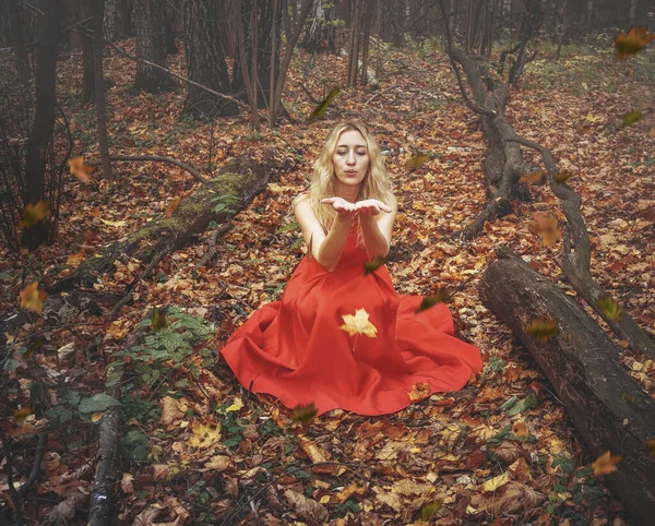 Jonge mooie vrouw in de rode jurk loopt in de mistige mystieke bos met gevallen bladeren — Stockfoto