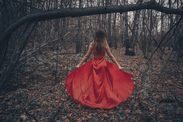 Young beautiful woman in the long red dress is walking along foggy mysterious forest.