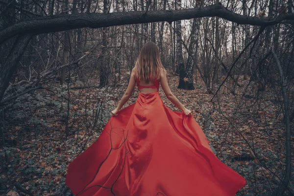Giovane bella donna nel lungo abito rosso volante sta camminando lungo la foresta misteriosa nebbiosa — Foto Stock