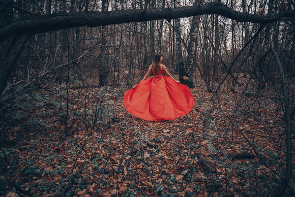 Young beautiful woman in the long flying red dress is walking along foggy mysterious forest.