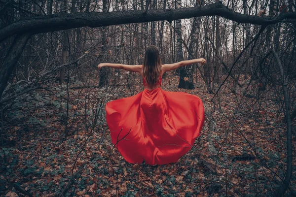 Giovane bella donna nel lungo abito rosso volante sta camminando lungo la foresta misteriosa nebbiosa — Foto Stock