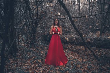 Uzun kırmızı elbiseli güzel bir kadın sisli ve gizemli ormanda yürüyor.