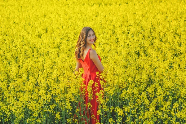 穿着红色连衣裙的年轻漂亮的姑娘紧挨在黄色的田野中间 开着淡红色的花 春季季节 — 图库照片