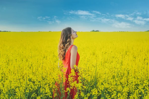 Giovane Bella Ragazza Abito Rosso Vicino Mezzo Campo Giallo Con — Foto Stock