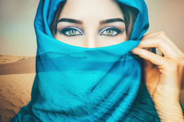 Arabian Woman Blue Scarf Closeup Desert Background Double Exposure — Stock Photo, Image