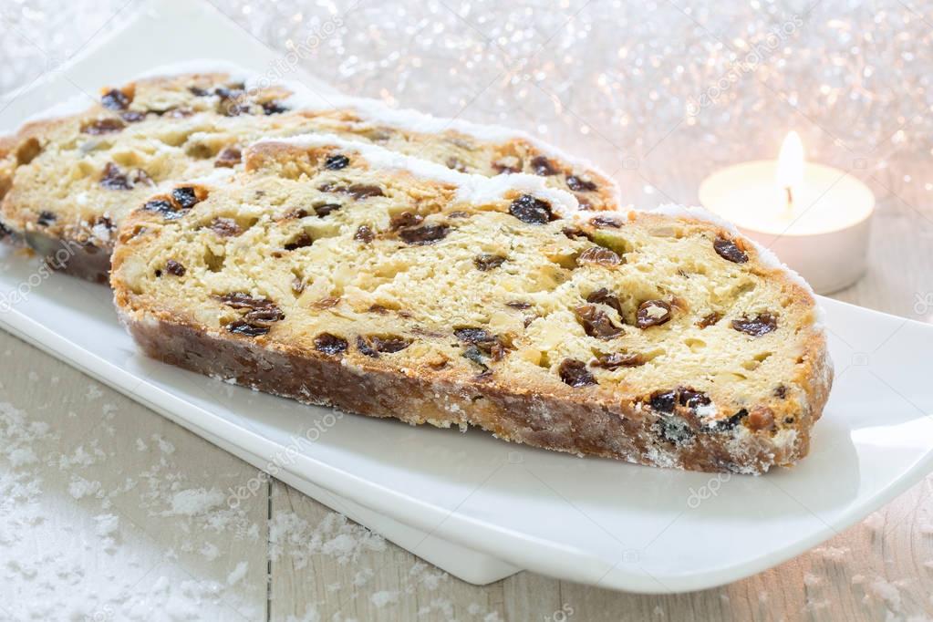 Christmas Stollen on a white plate.