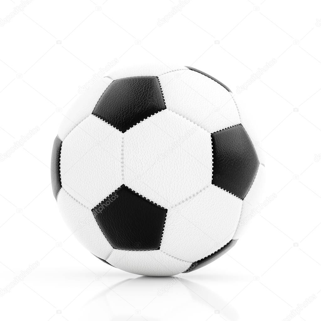 Classic soccer ball with stitching on white background with reflection on white surface