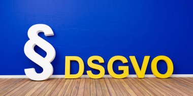 Sarı Dsgvo temel veri koruma Yönetmeliği kavramı mavi beyaz paragraf sembolü ile duvar - 3d render