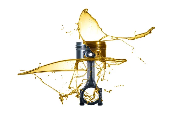 Piston ve bağlantı çubuğu yağ ile fırlatılır. Motor yağı kavramı - Petrol sıçraması - beyaz arkaplanda izole