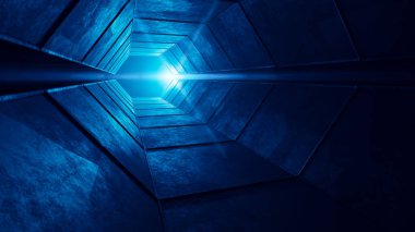 Gerçekçi bilim kurgu karanlık koridorunun 3D görüntüsü. Mavi ışık. Grunge metal duvarları olan gelecekten gelen bir tünel. Siberpunk tüneli. İç mekan. Modern fütüristik salon. Uzay gemisinde boş bir koridor. 3d II