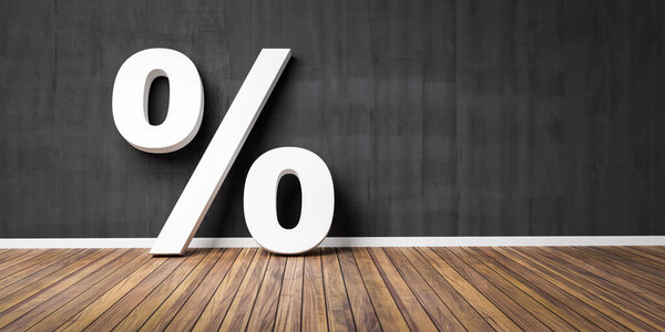 Белый знак процента на коричневом деревянном полу против черной стены - Концепция продажи - 3D иллюстрация
