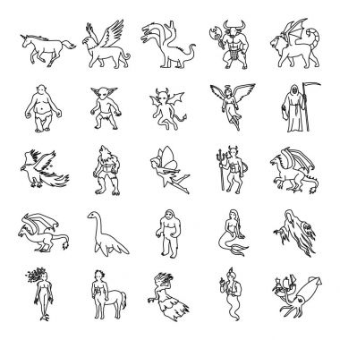 25 Mythical creatures outlines vector icons  clipart