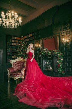 Kraliçe kadın bir Noel ağacı zemin karşı