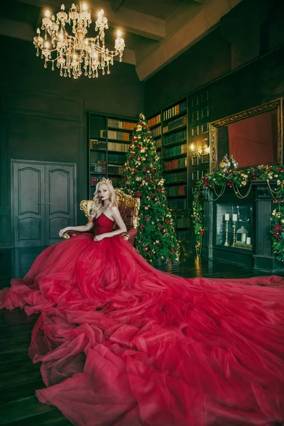 Queen woman against the backdrop of a Christmas tree — Stock Photo, Image