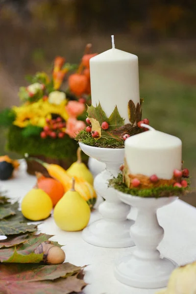 Candles. autumnal floristic decor on the street wedding table setting — Stock Photo, Image