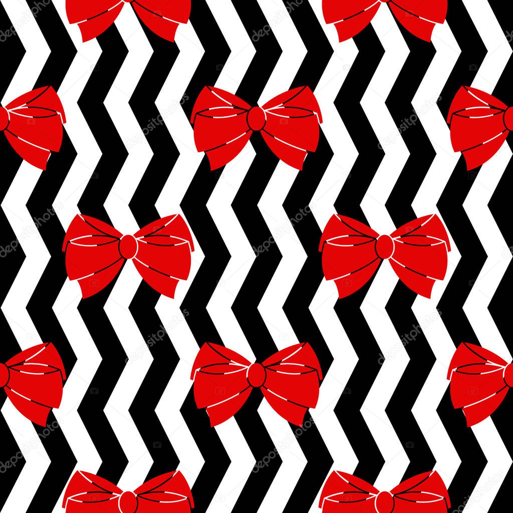Seamless pattern. Red bows on a black and white background.