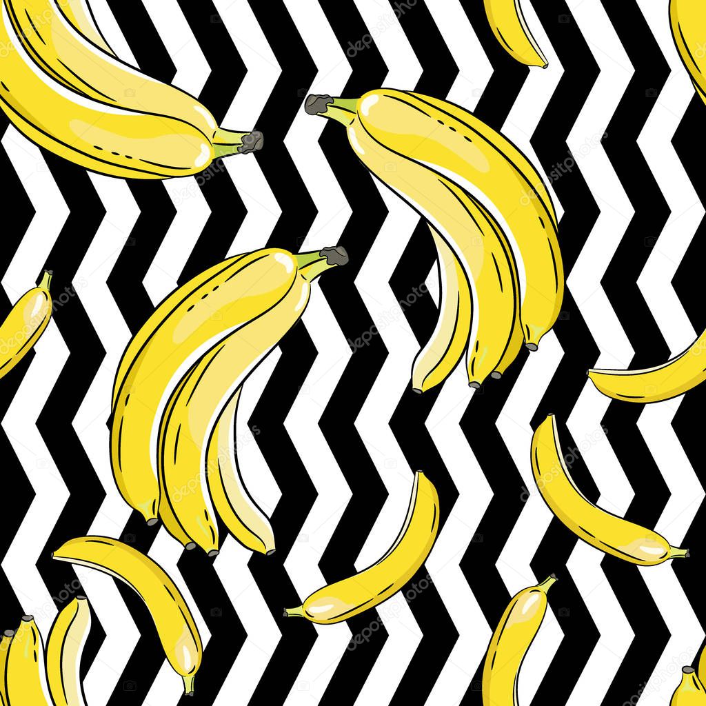 Bananas on black and white background. Seamless pattern.